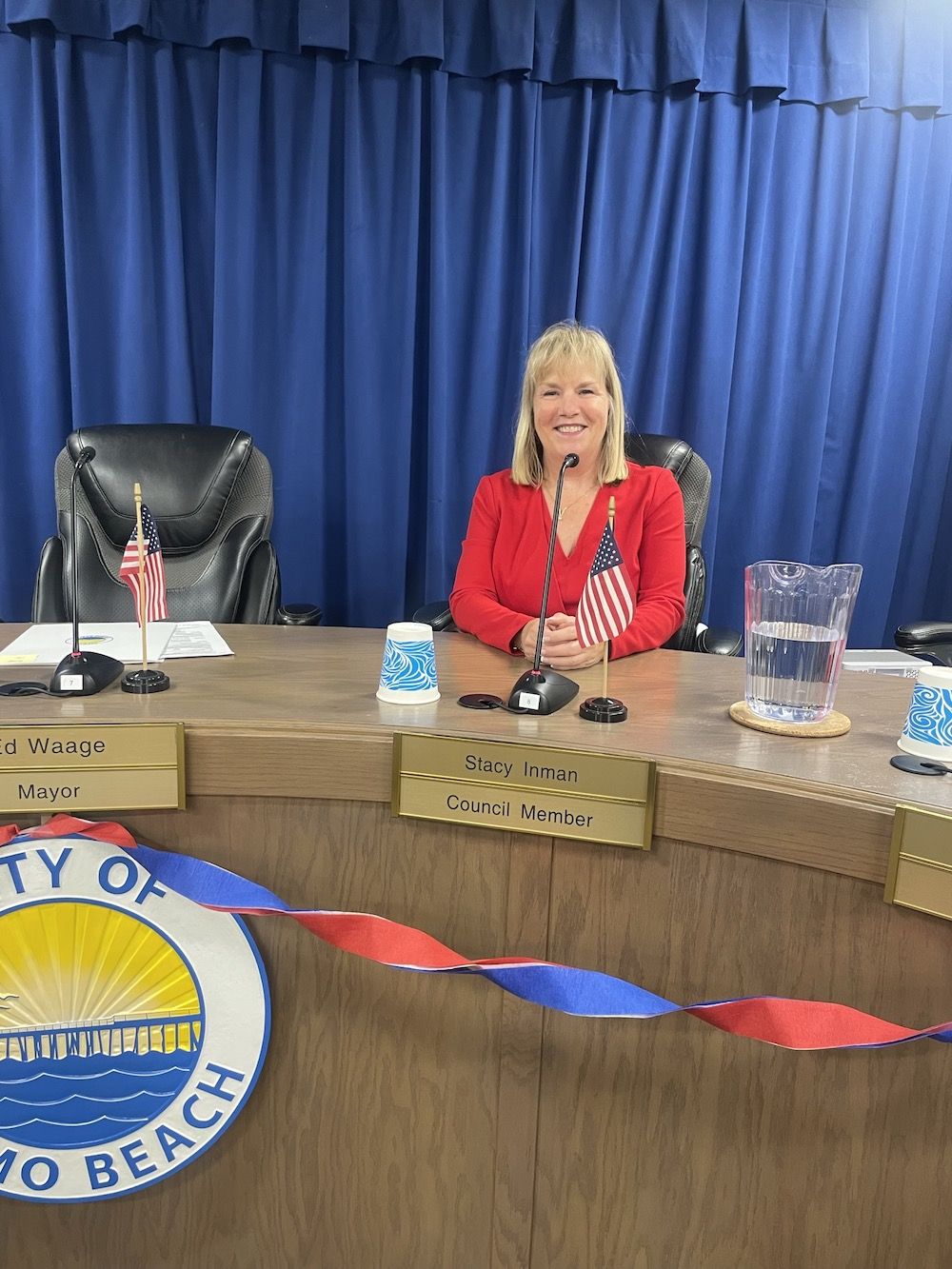 Stacy Inman on the dais at a Pismo Beach City Council meeting